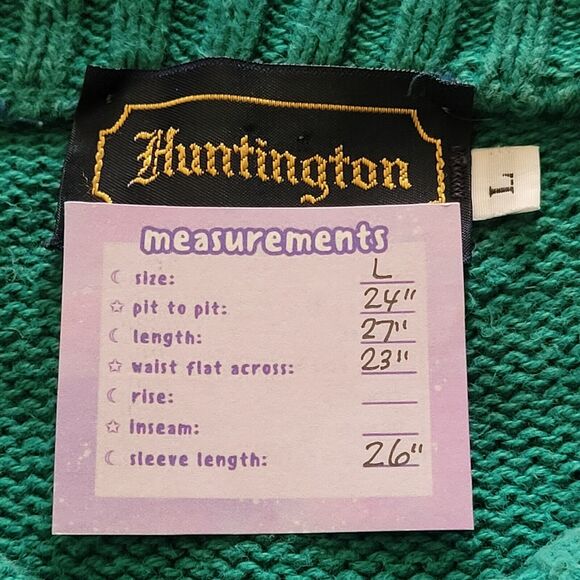 Vintage HUNTINGTON Green Fine Cotton Sweater Size L Crewneck Preppy Raglan USA - Picture 2 of 8